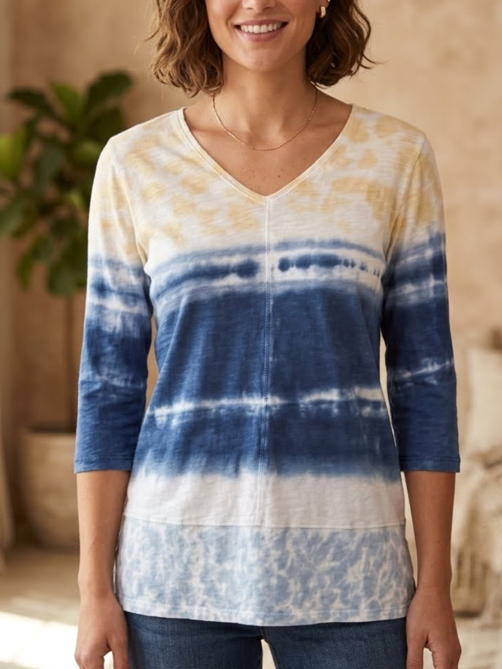 Chico's boho festival lightweight tie-dye knit top 4/4 sleeves V neck cotton 4/6